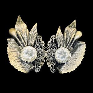 Vintage Clip On Earrings Brass Metal Clear Crystals Steampunk Avant Garde